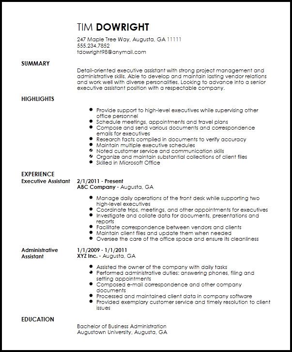 Executive Administrative Assistant Resume Template