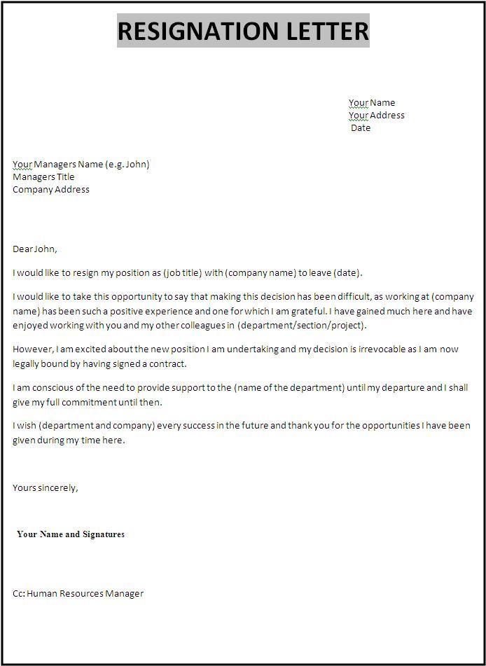 Manager Resignation Letter Format