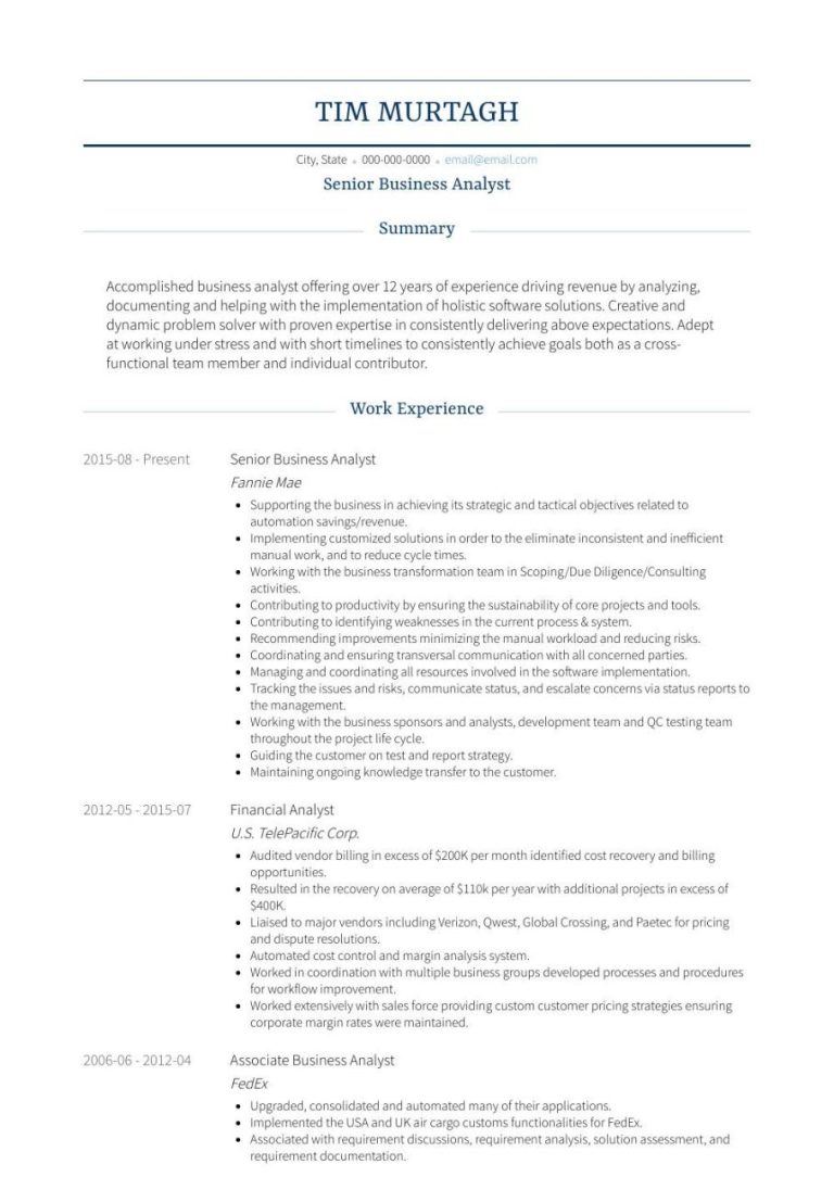 Senior Business Analyst Resume Objective