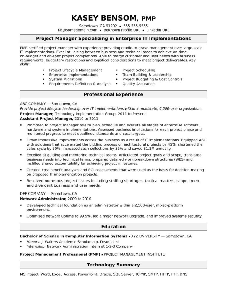 Project Manager Cv Template Word