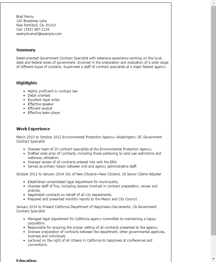Local Government Resume Sample