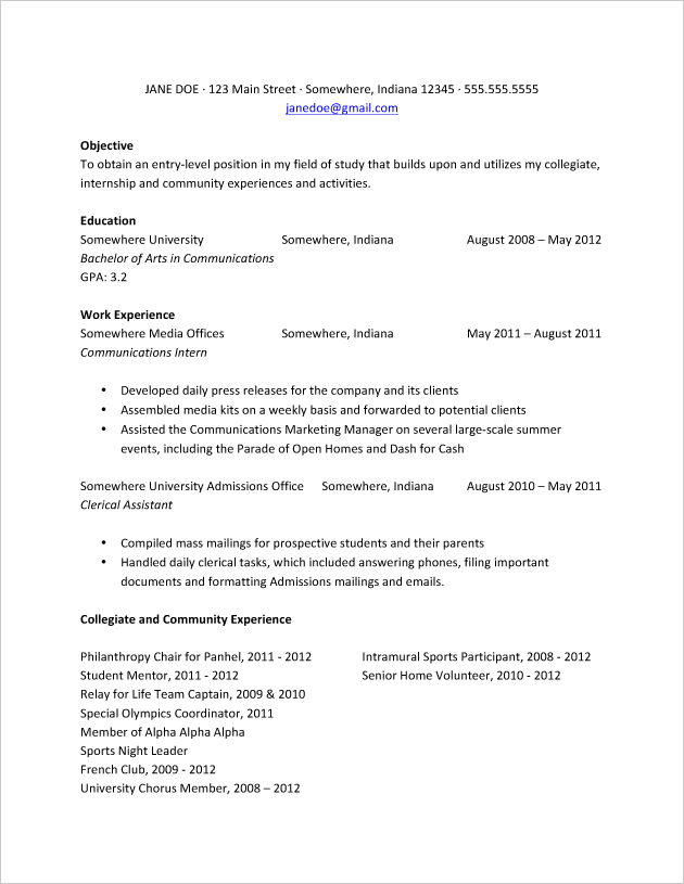 College Admission Resume Format