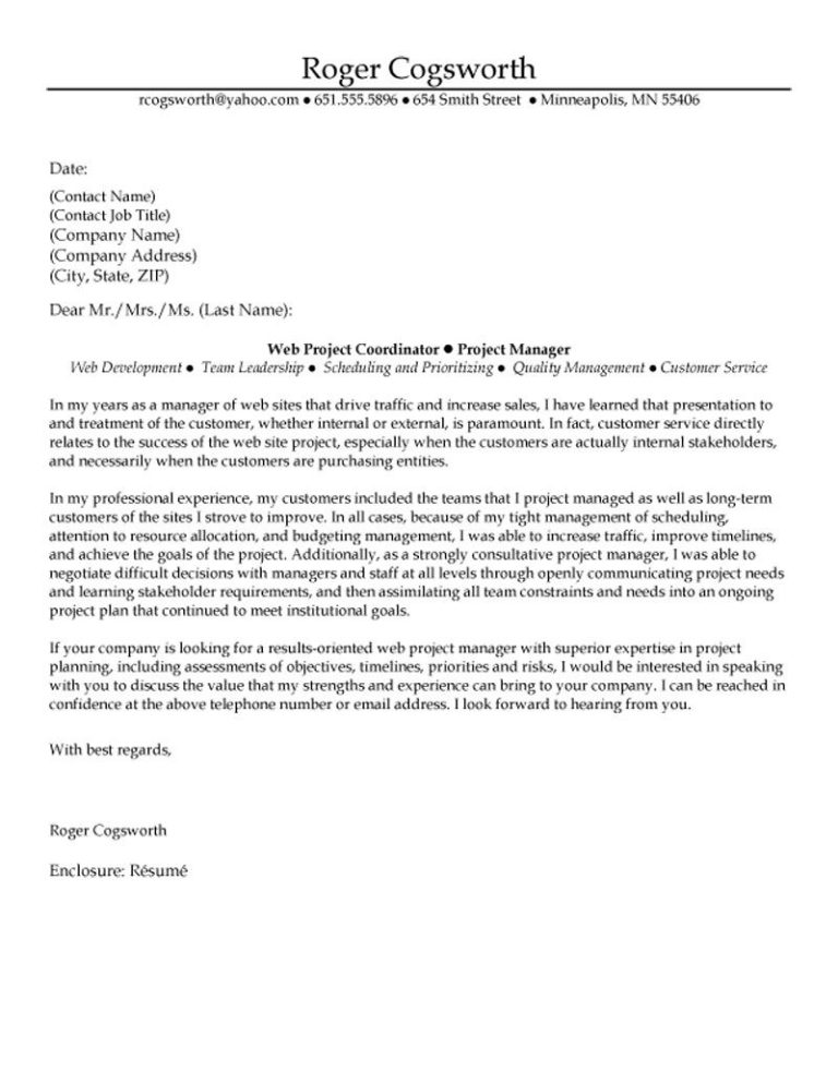 Project Manager Application Letter Sample