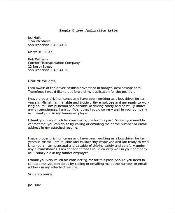 Bus Driver Cover Letter Sample