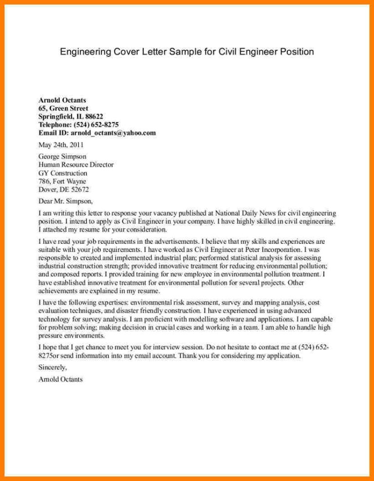 Cover Letter For Civil Engineer Position