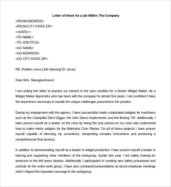Letter Of Intent Sample For Job Application Pdf