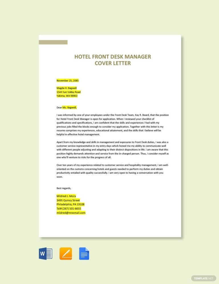 Front Office Duty Manager Cover Letter