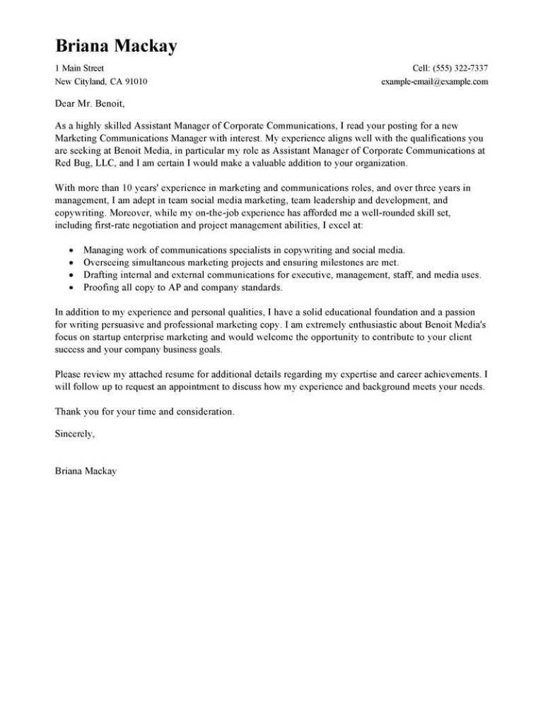 Communications Manager Cover Letter Examples