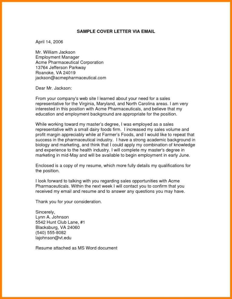 Email Application Cover Letter Sample