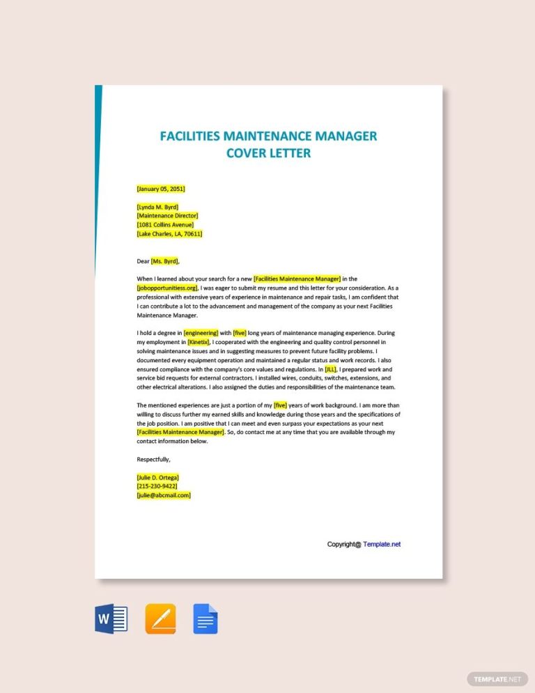 Maintenance Manager Cover Letter Template