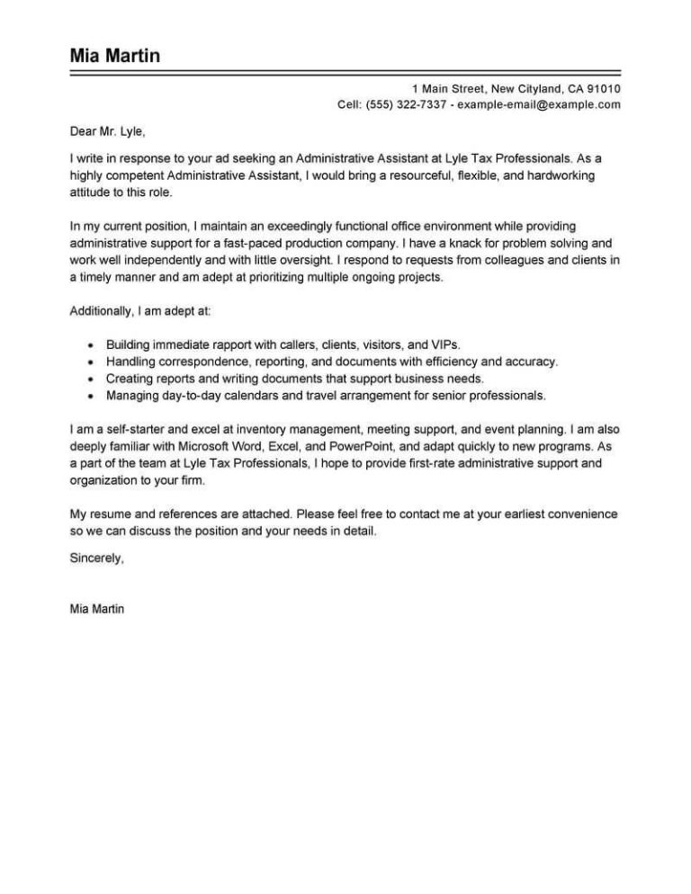 Example Of Cover Letter For Resume Administrative Assistant