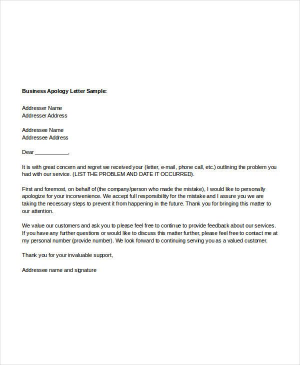 Customer Service Apology Letter Examples