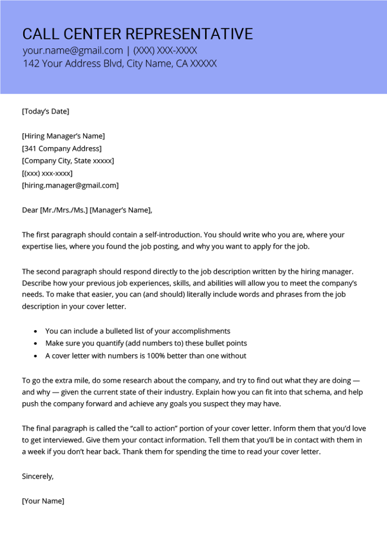 Call Center Agent Cover Letter Examples