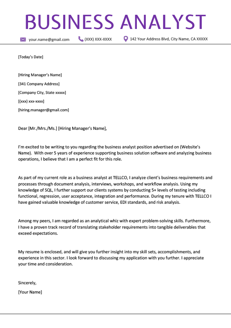 Business Analyst Cover Letter Entry Level