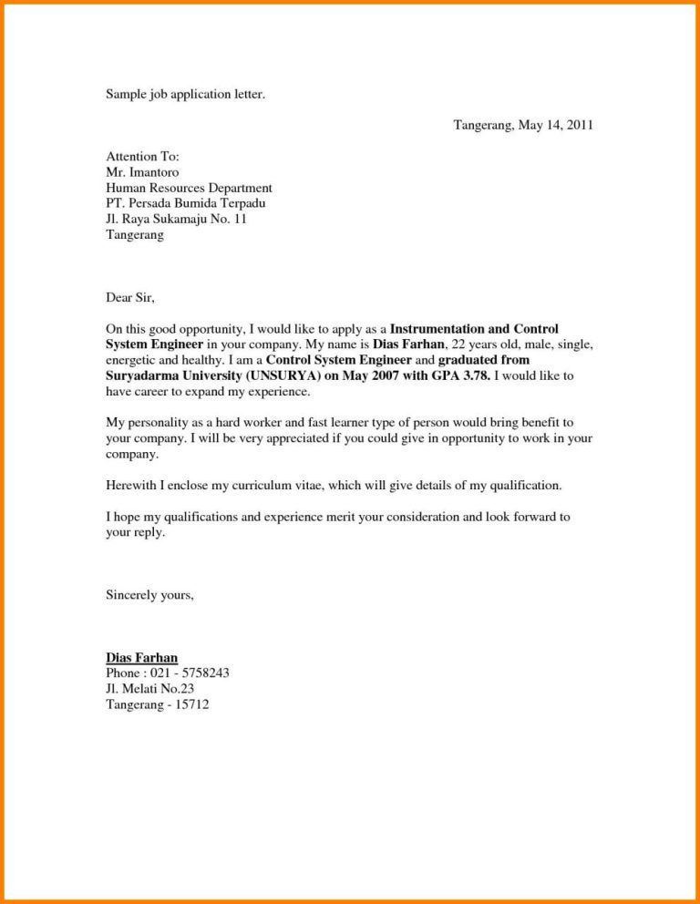 Example Of Job Application Letter For Any Position