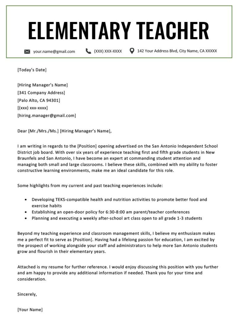 Cover Letter Template For Teaching Job