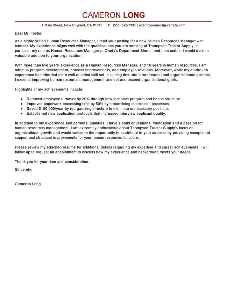 Hr Manager Cover Letter Template