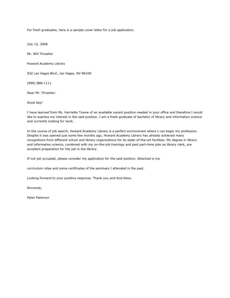 Cover Letter Sample For Fresh Graduate