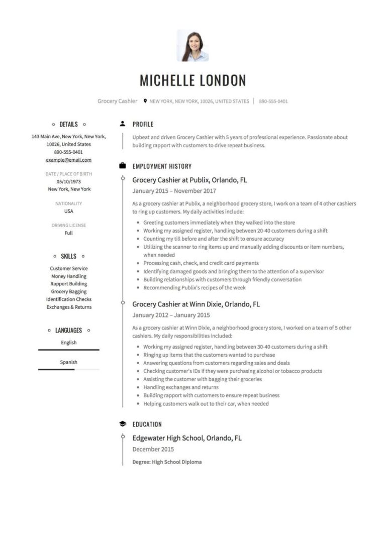 Cashier Resume Sample