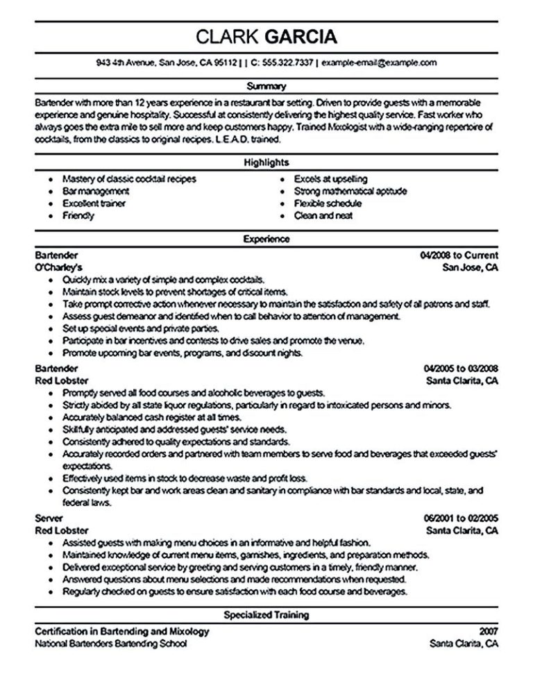 Bartender Resume Sample