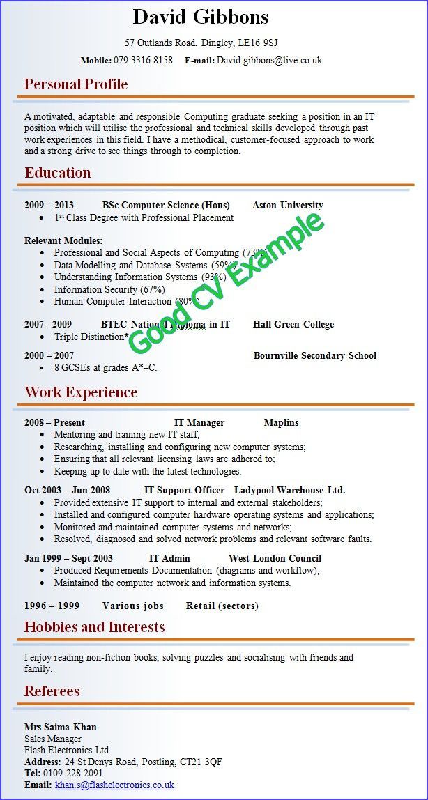 Example Of A Good Cv