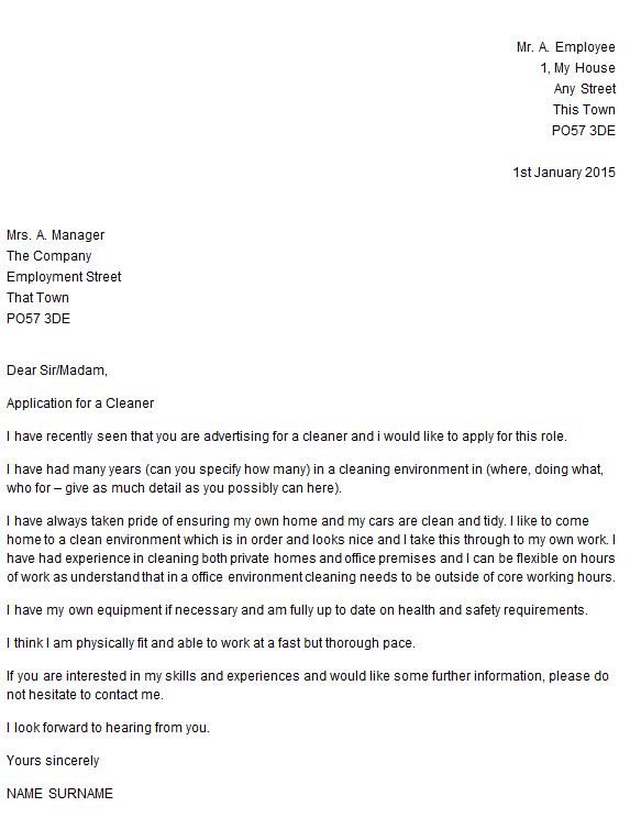 Application Letter For Cleaning Job