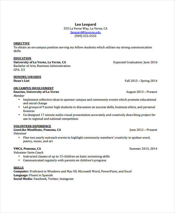 Undergraduate Cv Example