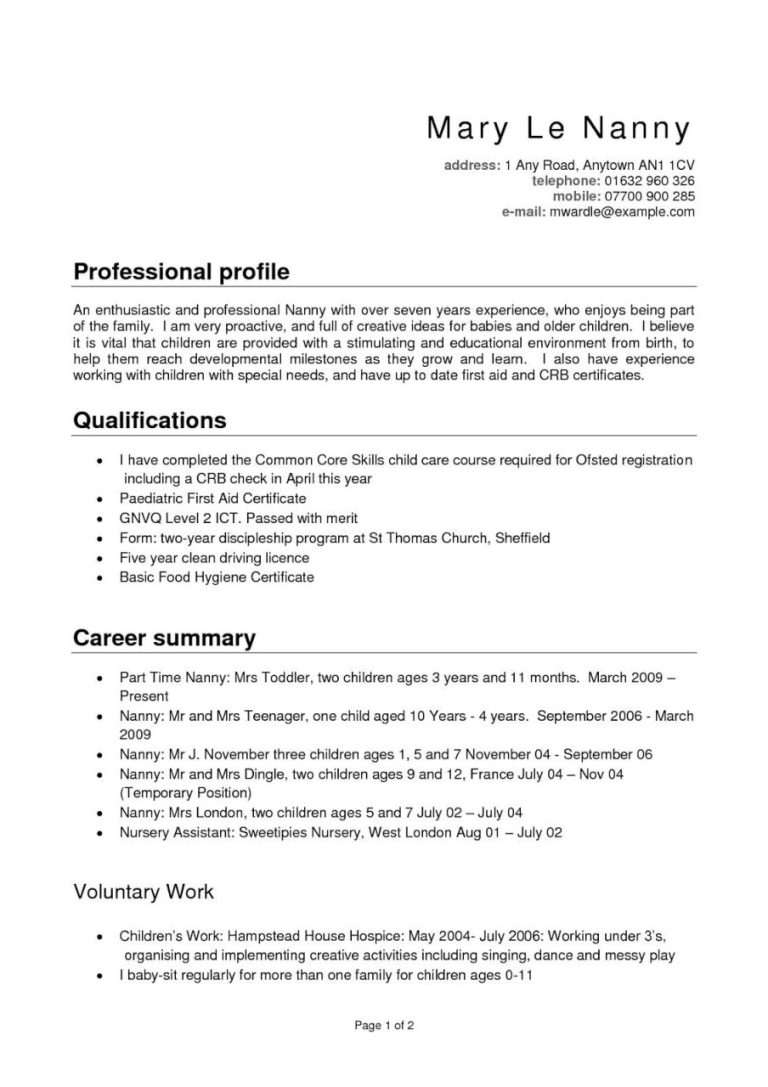 Nanny Resume Sample