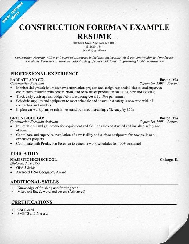 Construction Resume Examples