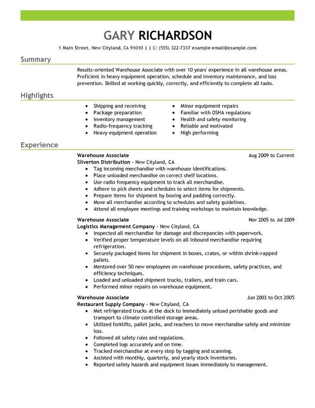 Warehouse Resume Examples