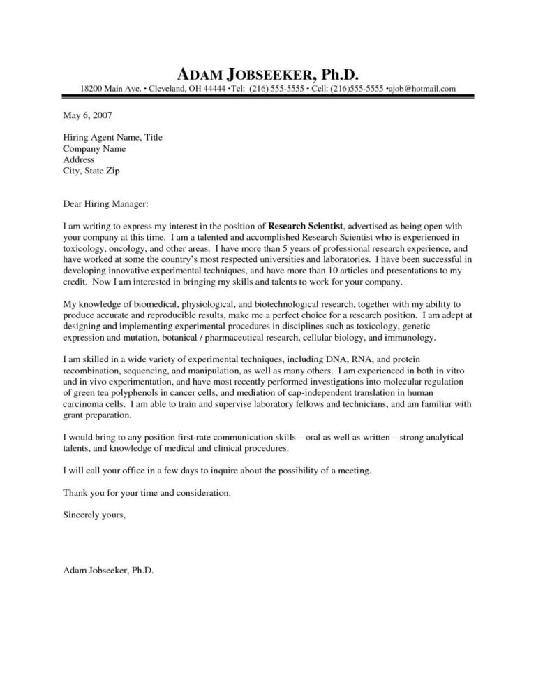 Research Scientist Cover Letter Example