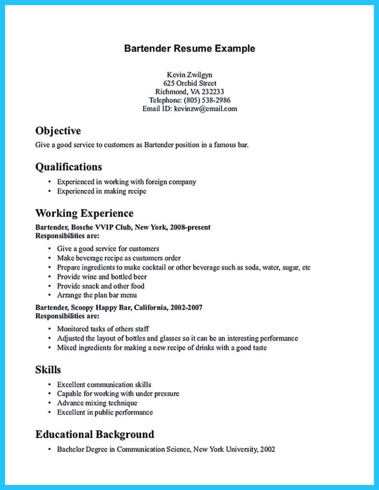 Bartender Resume Examples