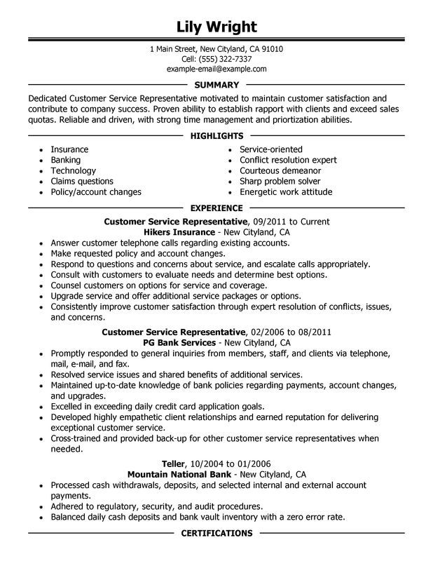 Customer Service Representative Resume Sample